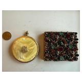 Lot of 2 Vintage Compacts - Jeweled Square and Mother of Pearl Round Designs