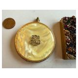 Lot of 2 Vintage Compacts - Jeweled Square and Mother of Pearl Round Designs