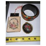 Set of 3 Vintage Floral Accessories Featuring Hand-Painted Bangle and Needlepoint Mirror Compacts