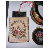 Set of 3 Vintage Floral Accessories Featuring Hand-Painted Bangle and Needlepoint Mirror Compacts