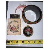 Set of 3 Vintage Floral Accessories Featuring Hand-Painted Bangle and Needlepoint Mirror Compacts