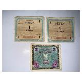 WWII Allied Military Currency Notes Italy 1 Lira (2) and Germany 5 Mark