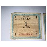 WWII Allied Military Currency Notes Italy 1 Lira (2) and Germany 5 Mark