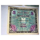 WWII Allied Military Currency Notes Italy 1 Lira (2) and Germany 5 Mark