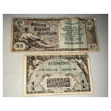 2 Vintage Military Payment Certificates $1 and $5 Series 481 and 692