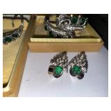 Ciro Bond Street Sterling Bracelet and Earrings Set with Green Stones in Box