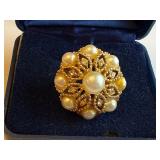 Vintage Gold Tone Cocktail Ring with Faux Pearls