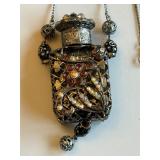 Bohemian Glass Perfume Bottle Necklace with Filigree and Rhinestones from the Czech Republic