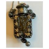 Bohemian Glass Perfume Bottle Necklace with Filigree and Rhinestones from the Czech Republic