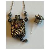 Bohemian Glass Perfume Bottle Necklace with Filigree and Rhinestones from the Czech Republic