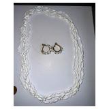 Vintage White Beaded Necklace and Floral Screw-Back Clip Earrings Set