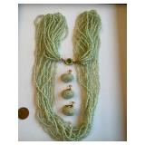 Vintage Green Beaded Multi-Strand Necklace and Clip-On Earrings Set