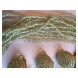 Vintage Green Beaded Multi-Strand Necklace and Clip-On Earrings Set