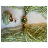 Vintage Green Beaded Multi-Strand Necklace and Clip-On Earrings Set