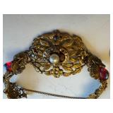 Antique Filigree Brass Bracelet with Faux Pearl and Glass Accents