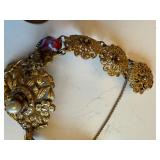 Antique Filigree Brass Bracelet with Faux Pearl and Glass Accents