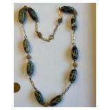 Vintage Beaded Necklace with Green Marbleized Stones and Filigree Accents