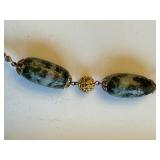 Vintage Beaded Necklace with Green Marbleized Stones and Filigree Accents