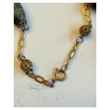 Vintage Beaded Necklace with Green Marbleized Stones and Filigree Accents