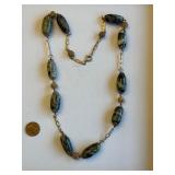 Vintage Beaded Necklace with Green Marbleized Stones and Filigree Accents