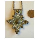 Vintage Enameled Metal Cross Pendant Necklace with Chain