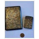 Engraved 950 Sterling Silver Cigarette Case and Lighter Set