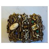 Ornate Vintage Panel Bracelet with Cameo, Dragons, and Gemstones