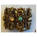 Ornate Vintage Panel Bracelet with Cameo, Dragons, and Gemstones