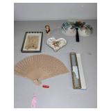 Collection of Vintage Hand Fans, Heart Trinket Tray, Framed Botanical Art, and Figurine