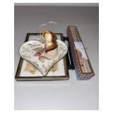 Collection of Vintage Hand Fans, Heart Trinket Tray, Framed Botanical Art, and Figurine