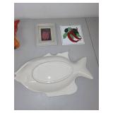 Assorted Decorative Fish Platter, Pepper Dish, Art Tile, and Framed Artwork