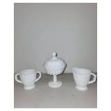 Vintage Milk Glass Grape Harvest Creamer, Sugar Bowl, and Lidded Compote Set