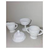 Vintage Milk Glass Grape Harvest Creamer, Sugar Bowl, and Lidded Compote Set