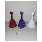 Set of 3 Fenton Glass Commemorative Bells Red Blue and White