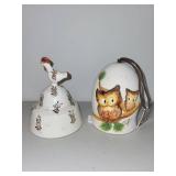 Pair of Decorative Ceramic Bells - Rooster and Owl Designs
