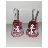 Set of 2 Mary Gregory Style Crystal Hand-Painted Christmas Bells 1973 & 1974