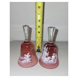 Set of 2 Mary Gregory Style Crystal Hand-Painted Christmas Bells 1973 & 1974