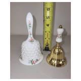 Set of 2 Decorative Hand Bells Milk Glass and Brass Floral Design