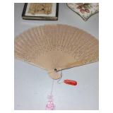 Collection of Vintage Hand Fans, Heart Trinket Tray, Framed Botanical Art, and Figurine