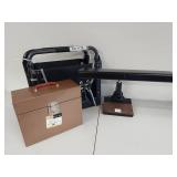 Vintage Desk Lamp, Metal File Box & Folding Chair Set