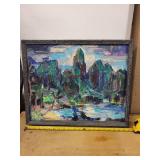 Vintage F. Train Landscape Oil Painting in Rustic Frame