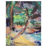 Vintage F. Train Landscape Oil Painting in Rustic Frame