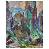 Vintage F. Train Landscape Oil Painting in Rustic Frame