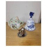 Set of 3 Collectible Vintage Items: Cottage Teapot, Delft Bell, and Knight Tea Infuser