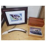 Collection of Art and Decorative Items: Framed Print, Cedar Box, Picture Tile, Horn Cribbage Board