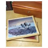 Collection of Art and Decorative Items: Framed Print, Cedar Box, Picture Tile, Horn Cribbage Board