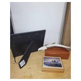 Collection of Art and Decorative Items: Framed Print, Cedar Box, Picture Tile, Horn Cribbage Board