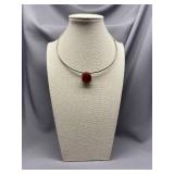 Sterling Silver Necklace with Red Carved Stone Pendant