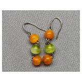 Sterling Silver Earrings with Orange and Green Beads