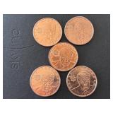 5 - 1 Ounce .999 Fine Copper Rounds